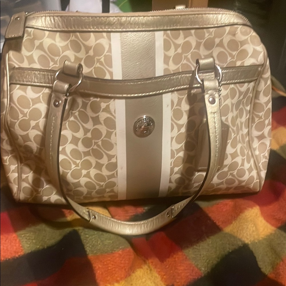 Coach Cream and Gold Shoulder Bag with Signature Monogram